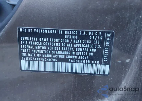 2015 Volkswagen Jetta 2.0L S из США, поврежденный, VIN 3VW2K7AJ8FM349705